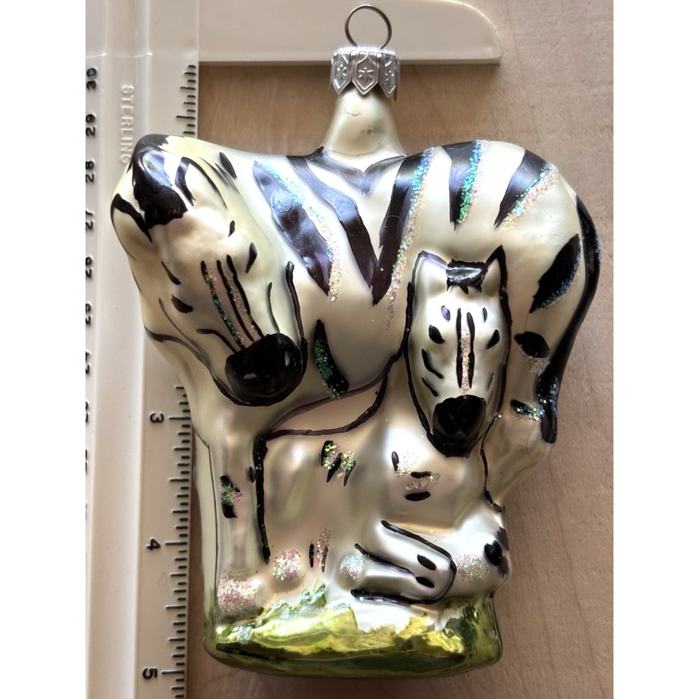 Vtg Christmas Ornament Glass Zebra Mother Baby Poland 4 1/2" Green Glittered